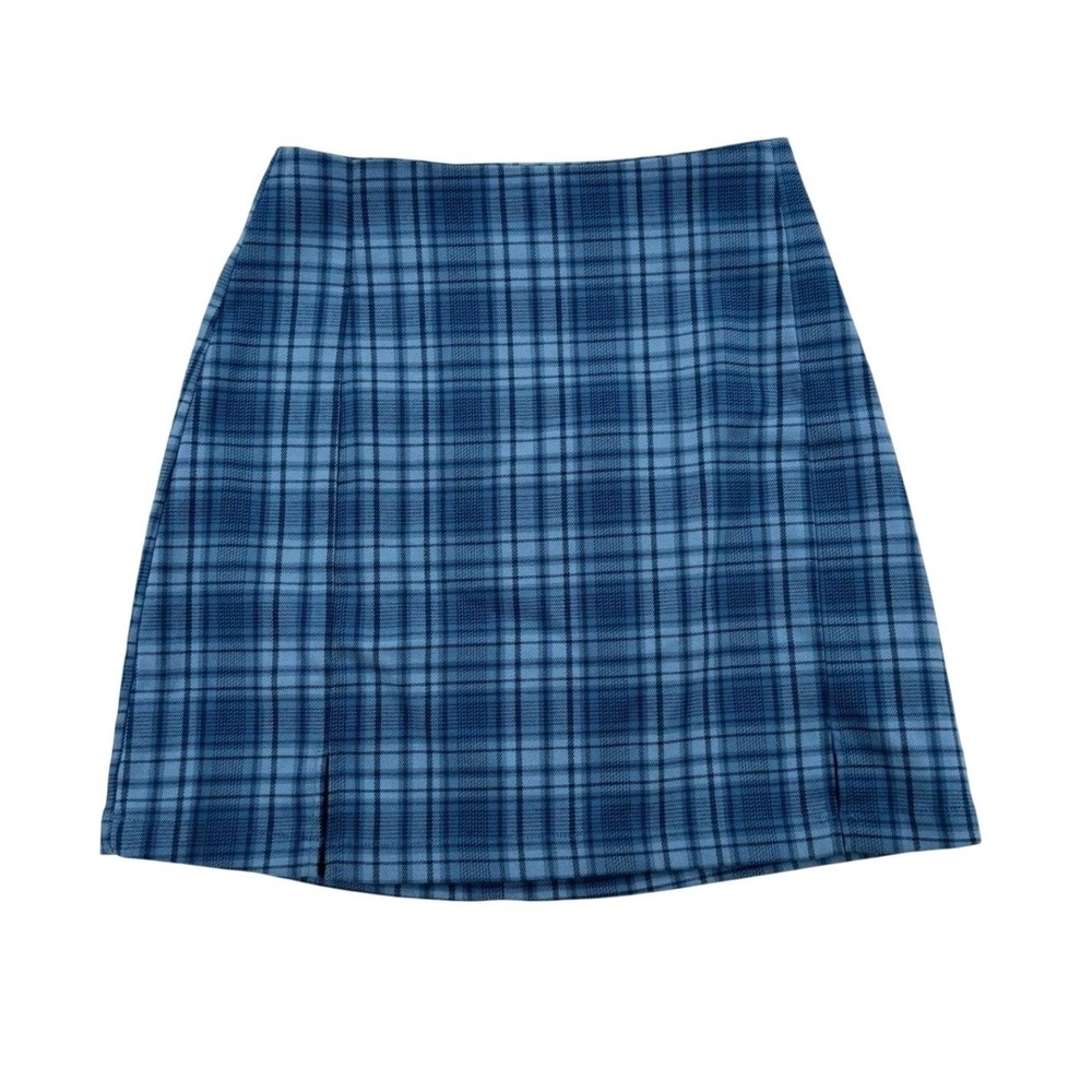 Brandy Melville Cara Skirt Women One Size Blue Plaid Excellent Mini Front Slit